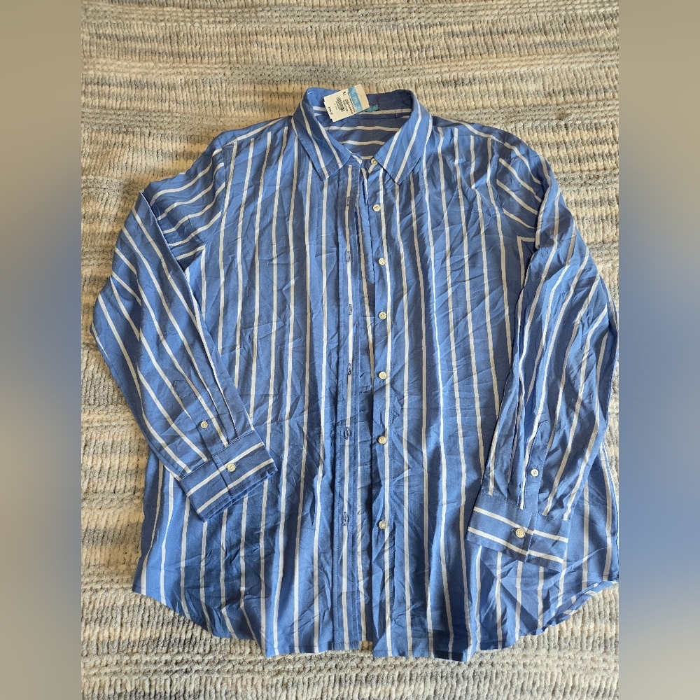 J. McLaughlin silk blue & white striped button down blouse, extra large, new